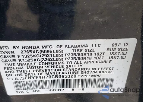 2012 Honda Pilot Ex-L from USA, damaged, VIN 5FNYF4H70CB065320